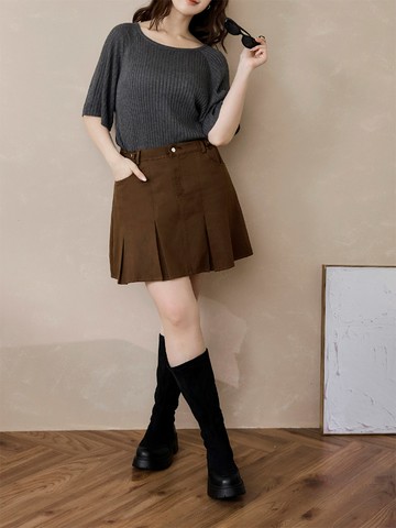 雲朵自訂款-素色腰調節釦打褶A字短裙