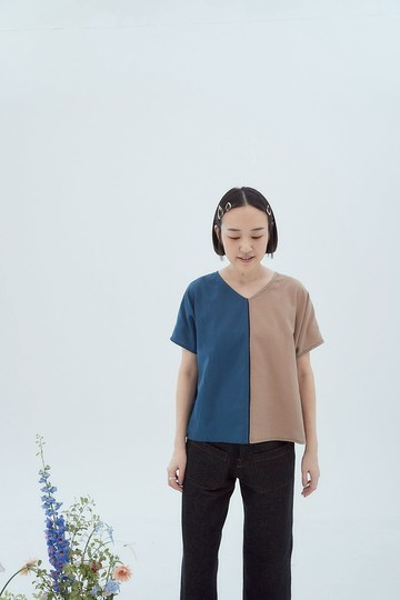 雙色拼接v領上衣