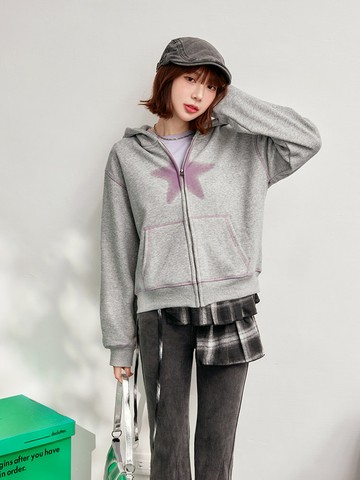 水貂毛撞色車線暈染星星連帽外套