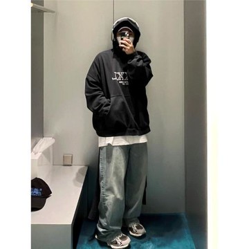 B家21ss水洗藍寬松闊腿褲baggy牛仔長褲日常百搭墜感堆積直筒男潮