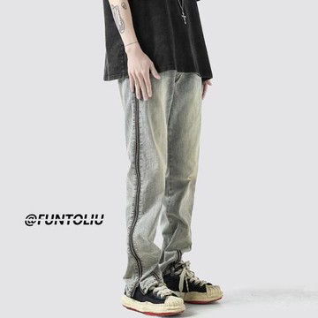 牛仔褲男款美式高街褲子春秋潮流顯高顯瘦修身直筒褲男vibe伐木褲