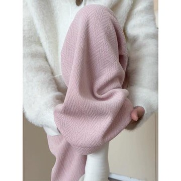 粉色雪尼爾闊腿褲女秋冬2025新款高腰直筒窄版顯瘦針織加絨休閑褲