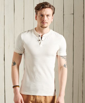 Superdry Men's Organic Cotton Short Sleeve Half Button Top Cream Size: L