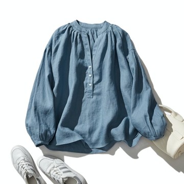 令人傾心，迷人廓形。法式亞麻襯衫 V領 抓褶襯衫 長袖 藍色 220903-5