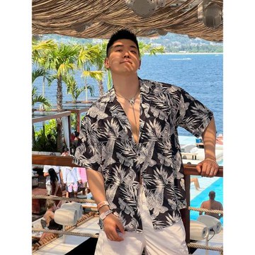 度假風古巴領半袖花襯衫男夏季短袖冰絲夏威夷海邊穿搭巴洛克襯衣