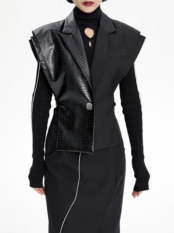 TWOTWINSTYLE原創高端黑色皮衣拼接馬甲女收腰小西裝背心上衣潮