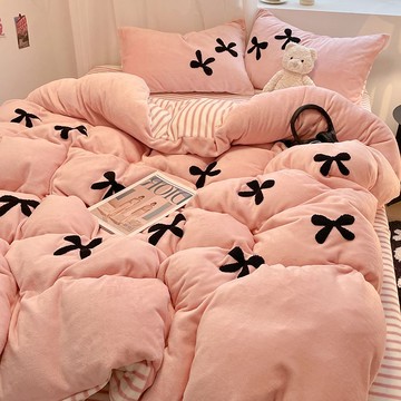 ins公主風毛巾繡牛奶絨四件套法蘭珊瑚絨被套床單三件套床上用品