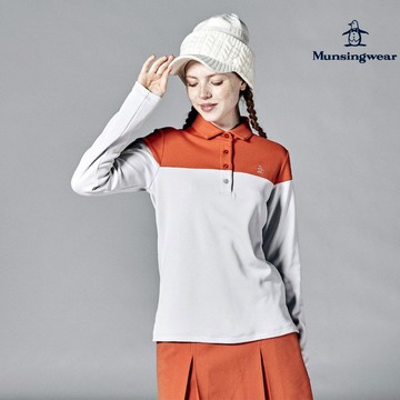 【Munsingwear 企鵝】女款橘色HEATNAVI拚色長袖POLO衫 MLSJ2B09