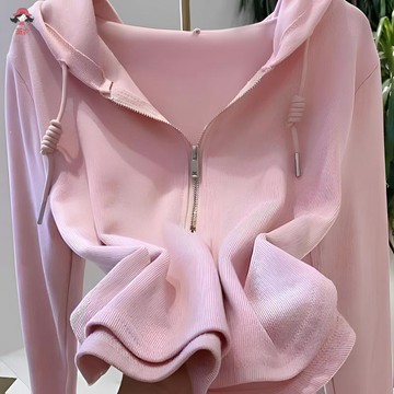 台灣出貨 粉色連帽衛衣女春秋新款韓版短款百搭不規則修身顯瘦長袖上衣大學T大尺寸衛衣女韓版衛衣女情侶衛衣美式復古衛衣