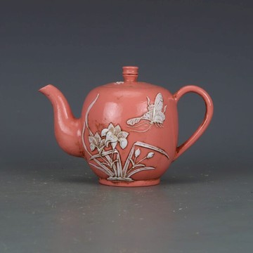 民國王炳榮紅釉浮雕蝶戀花壺仿古瓷器古董古玩老瓷器出土