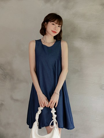 圓領美背綁帶無袖牛仔洋裝