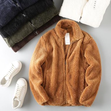 太舒服了！柔軟親膚！冬季男士百搭時尚立領加厚加絨羊羔絨外套潮