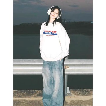 白色圓領衛衣女2025春秋新爆款重磅美式寬松加絨厚無帽套頭上衣服