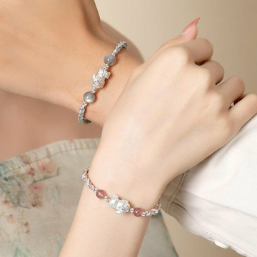 手工編織 手鍊手環 水晶手鍊 草莓晶 月光石 串珠 999 純銀 貔貅 情侶手鍊 閨蜜手鍊 招財納福 情人節禮物 300