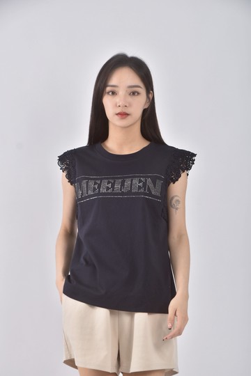 (M) meeijen蕾絲拼接藍色短袖上衣