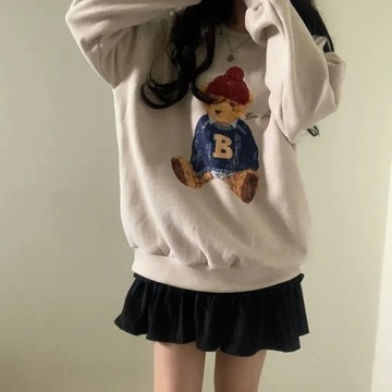 Vuja de 純棉圆领衛衣 大學t 薄衛衣 長袖上衣 oversize 大學t 潮流衣服 ins 刷毛 小熊印花 秋冬