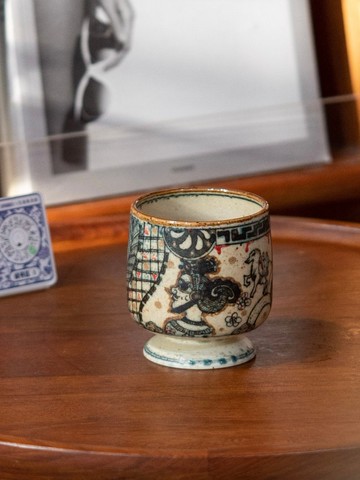 民俗經典皮影戲紋樣高足杯 景德鎮手繪青花瓷咖啡拉花杯220ml