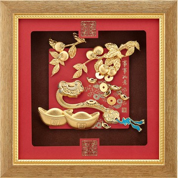 開運陶源雅鑑鑫品 【祥和系列-事事如意】柿柿如意  純金箔畫 24 x24 cm 可掛於牆壁，後有腳架，也可以立在桌上