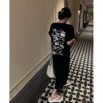 韓係chci印花設計感T恤連衣裙夏季中長款寬鬆開叉睡裙可外穿居家女睡衣女士睡衣夏季女睡衣寬鬆女睡衣女士休閒睡衣