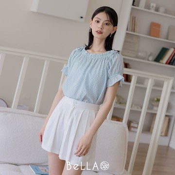【三件$1500】BeLLA 平口泡泡格上衣 天空藍