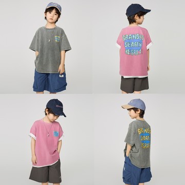 新品上新   夏季新款兒童洋氣潮牌水洗做舊短袖男中大童字母印花寬鬆T恤