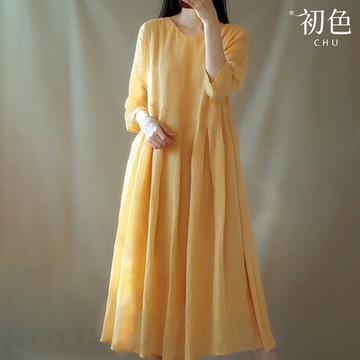 初色 輕薄飄逸復古文藝寬鬆度假風棉麻風連身洋裝-共2色-61714(M-2XL可選)
