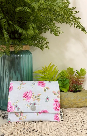 北歐風淺灰藍桃紅花小收納袋小卡片包小包包/生理包零銭包