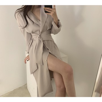 【桃喜Rich女裝】韓國chic 早秋極簡主義 單排扣綁帶 長袖連衣裙女 開叉裙子 收腰顯瘦洋裝 3色可選