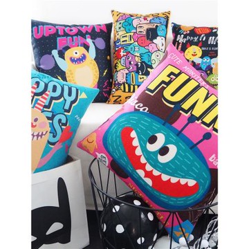 卡通可愛波普風ins小搞怪獸萬圣節棉麻抱枕沙發腰靠墊套汽車睡覺