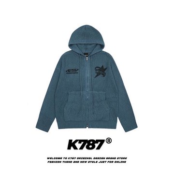 K787美式復古字母印花連帽衛衣男女oversize情侶外套慵懶拉鏈毛衣