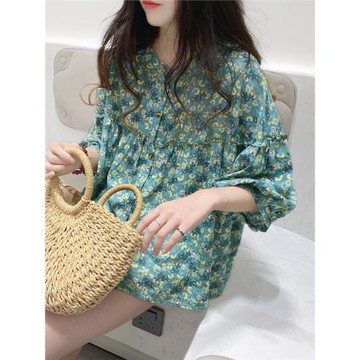 娃娃衫上衣夏季復古文藝寬松立領甜美碎花棉麻襯衫女中袖蓬蓬小衫