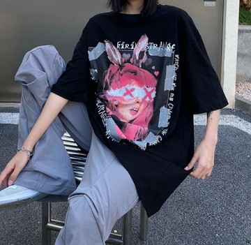 FINDSENSE X 韓潮 街頭時尚 歐美兔女郎印花 寬鬆大尺碼 男士 短袖T恤 情侣T
