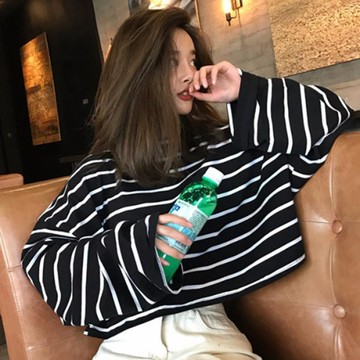 黑白條紋長袖學生打底t恤女條紋T恤女新款混紡棉韓版寬鬆圓領百搭