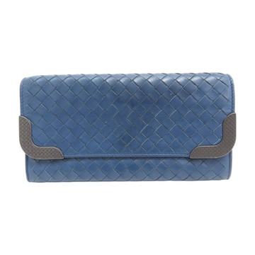 【二手名牌BRAND OFF】BOTTEGA VENETA 寶緹嘉 藍色 編織羊皮 釦市長夾