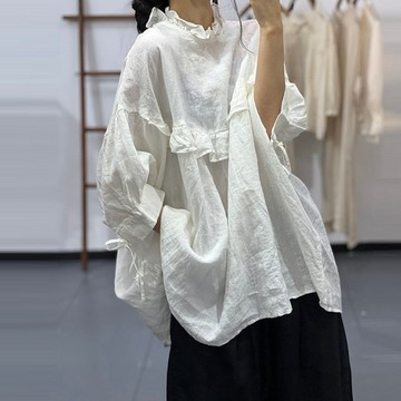 9489L_大尺碼女装宽松韩版轻奢简约气质网纱中袖棉麻轻薄透款衫