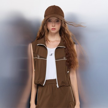 SO NICE 摩卡慕斯可可棕拼接網紗工裝風防水背心外套