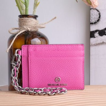 MICHAEL KORS Jet Set Charm 金屬LOGO皮革附鍊卡片零錢包(桃)