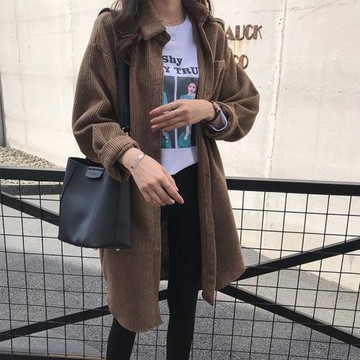 大碼女裝胖妹妹燈芯絨外套2025春秋季中長款襯衫寬松遮肚顯瘦上衣