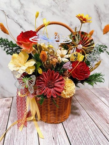 年節送禮 永生索拉花迎春蝴蝶飛舞緞帶提籃