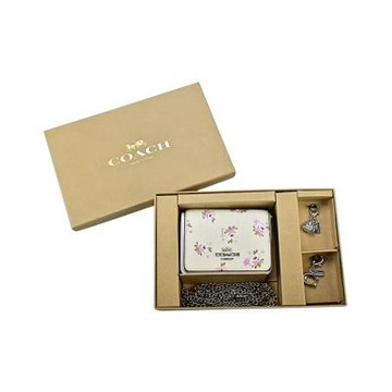 COACH粉紫玫瑰印花白堊色PVC  墜飾鍊帶零錢包禮盒組