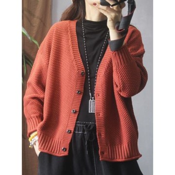 2025年春季新款針織紐扣開衫女復古純色v領棉線毛衣寬松外套