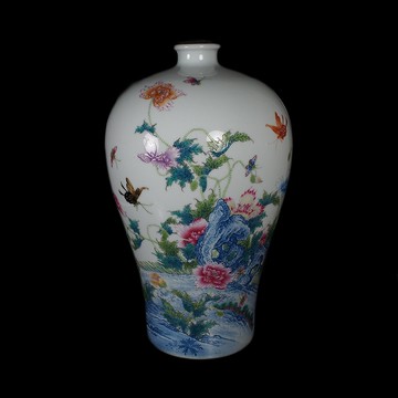 《博古珍藏》清雍正．琺瑯彩花卉紋題詩梅瓶．早期收藏．老件文物．花瓶瓷器．附收藏錦盒．底價回饋