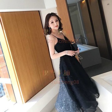 吊帶洋裝細肩帶超仙V領流蘇裙子女士超火小個子連衣裙夏性感長裙新款【倪醬】