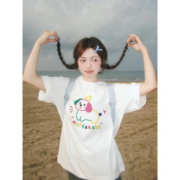 純棉美式復古彩色小狗正肩短袖t恤女2025新款設計感小眾半袖上衣