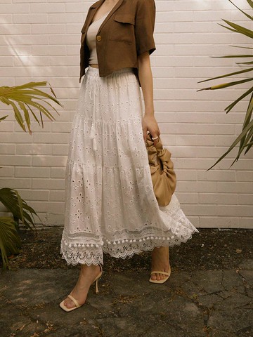 棉質鏤空雕花鬆緊腰長裙