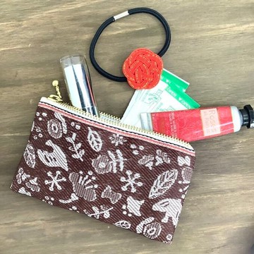 【小鳥與花朵…】畳緣 扁平迷你收納包 零錢包 信用卡夾 豆沙色 酒紅 棕色 大人可愛