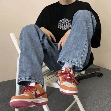 男女新款美式牛仔褲子ins高街潮流百搭寬鬆遮肉直筒闊腿休閒長褲