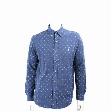 Polo Ralph Lauren 大馬刺繡菱格印花藍色純棉長袖襯衫(男款)