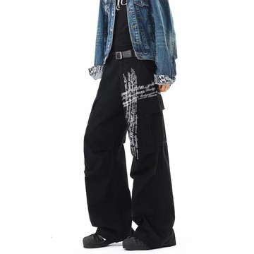 痞帥時尚潮流黑色長褲男高級感休閒百搭寬鬆寬褲男