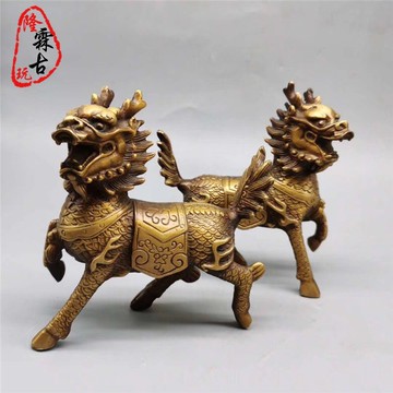 純銅鎮宅化煞麒麟招財擺件銅器銅鑄銅麒麟納福家居工藝品禮品